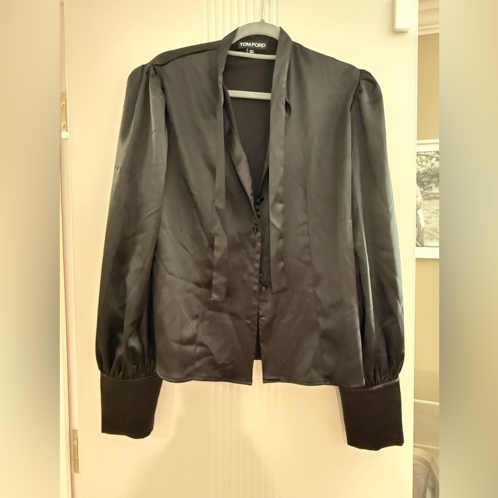 Tom Ford Black Satin Tie-Neck Blouse